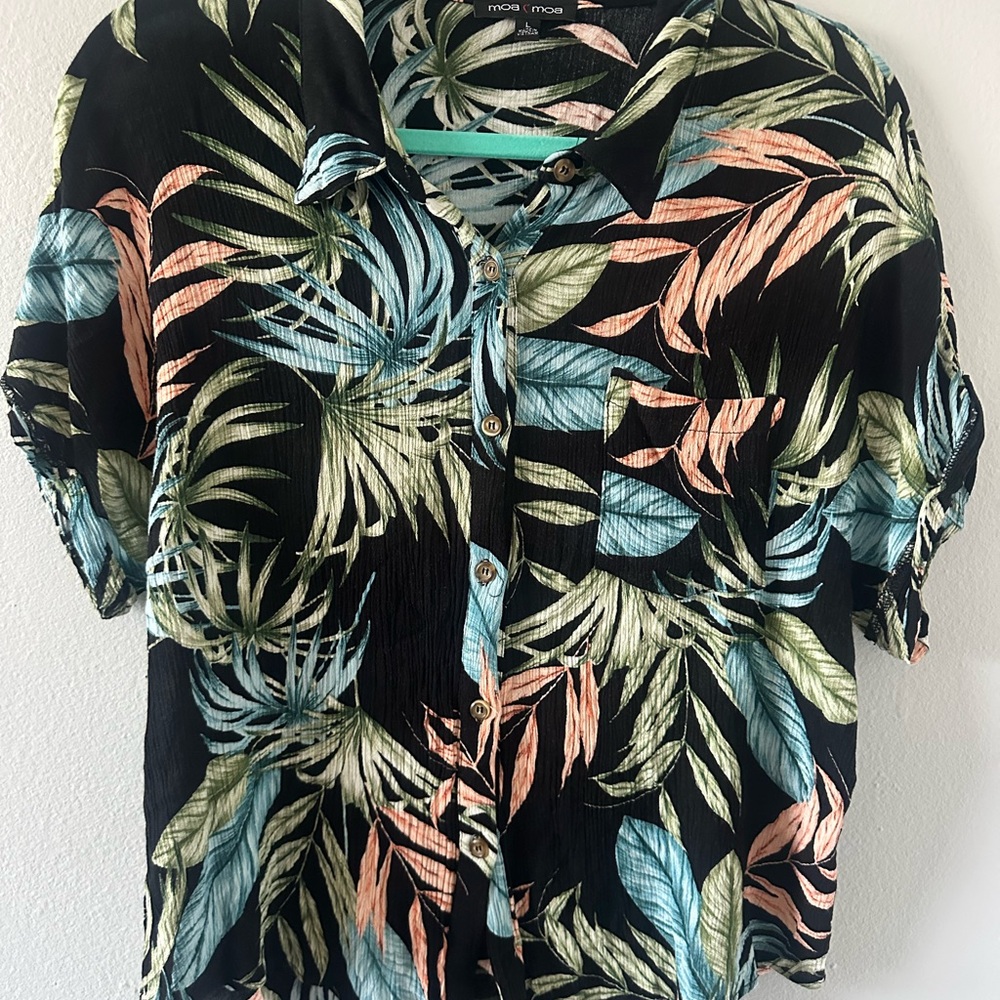 Moa Moa Tropical Leaf Print Shirt - Black, Green, Pink